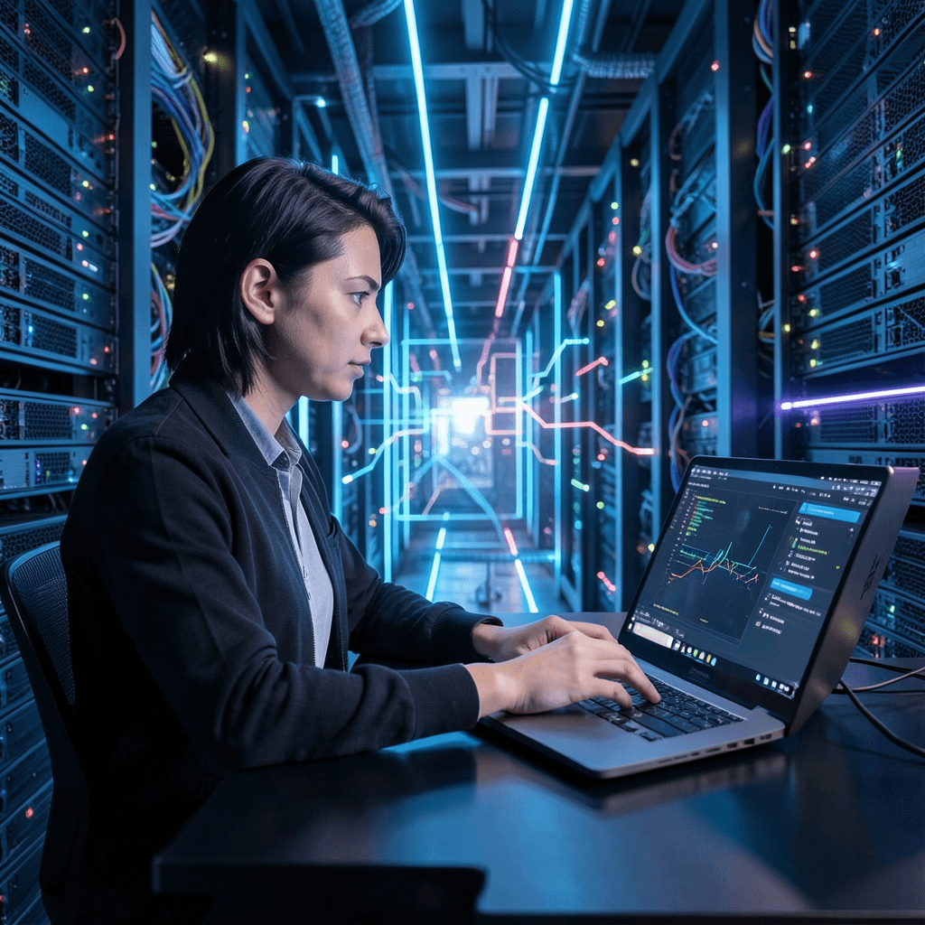 Persona trabajando en un ordenador portátil de alta tecnología con un fondo de red digital iluminada representando la infraestructura de servidores de 2026. Infraestructura de servidores moderna y eficiente para alojamiento web en 2026