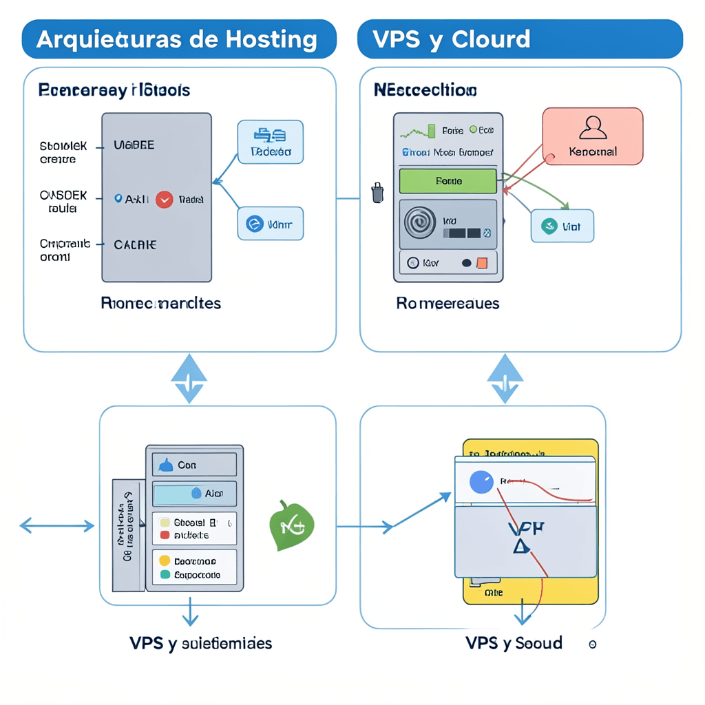 Comparativa visual de las arquitecturas de hosting: compartido, VPS y cloud, mostrando cómo se distribuyen los recursos de un servidor físico. Infografía comparativa de las diferencias entre hosting compartido, VPS y cloud hosting