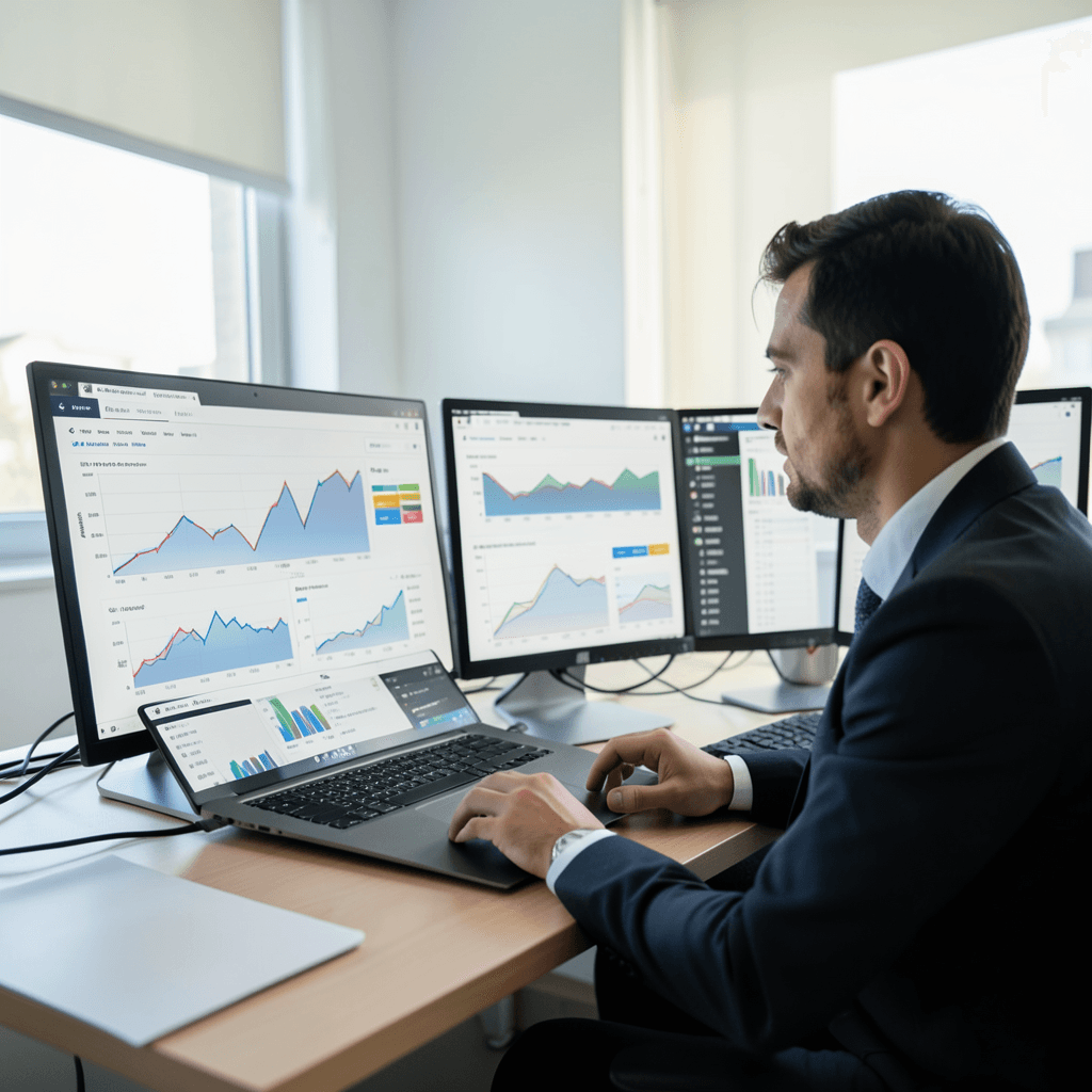 Profesional realizando una auditoría SEO técnica completa en un entorno de oficina moderno