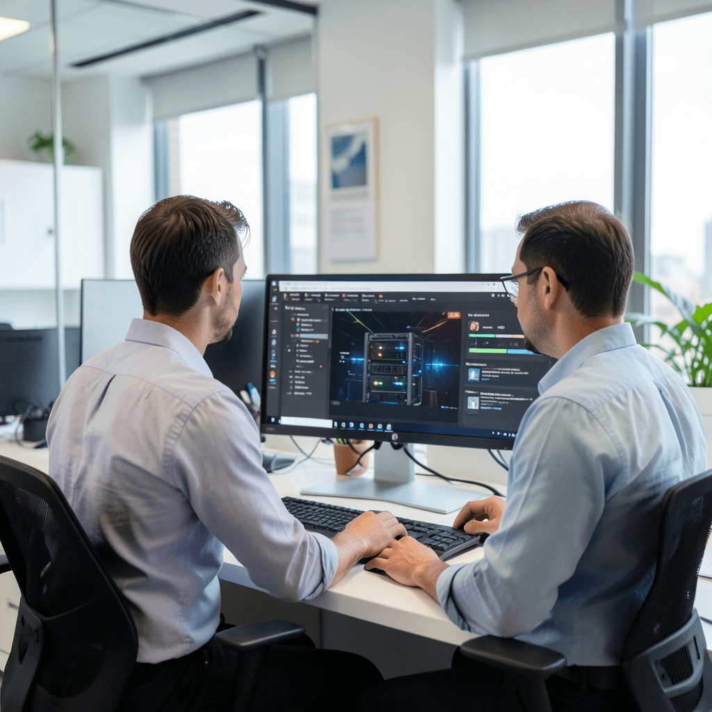 Un profesional trabajando en una oficina moderna frente a monitores que muestran el rendimiento de un servidor web. Elegir hosting profesional para empresa