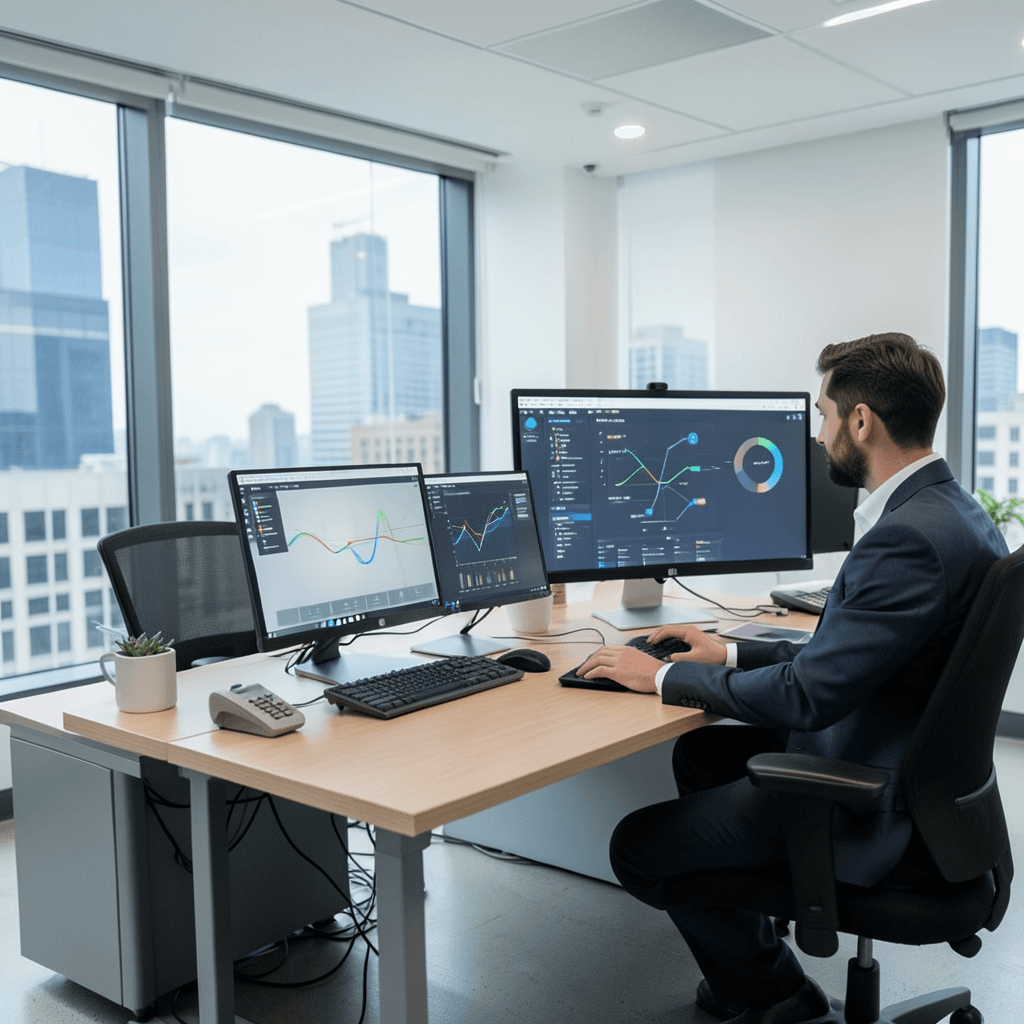 Una oficina moderna con una representación digital de automatización de flujos de trabajo sobre un escritorio. Uso de inteligencia artificial para automatizar procesos empresariales