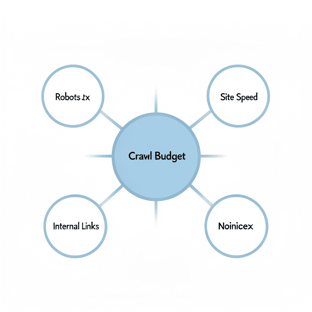 Clean modern diagram showing a central hub labeled ‘Crawl Budget’ connected to 4 nodes labeled ‘Robots.txt’, ‘Site Speed’, ‘Internal Links’, and ‘Noindex’, minimal flat design, white background, professional corporate style Diagrama profesional sobre cómo optimizar el presupuesto de rastreo y su relación con la velocidad y estructura web