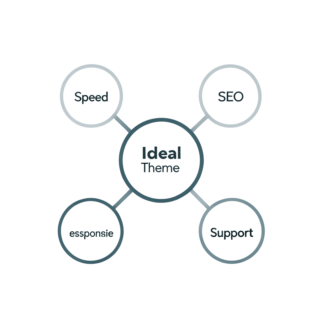 Clean modern diagram showing a central hub labeled ‘Ideal Theme’ connected to four nodes labeled ‘Speed’, ‘SEO’, ‘Responsive’, and ‘Support’, minimal flat design, white background, professional corporate style Diagrama conceptual sobre cómo elegir un theme profesional para WordPress