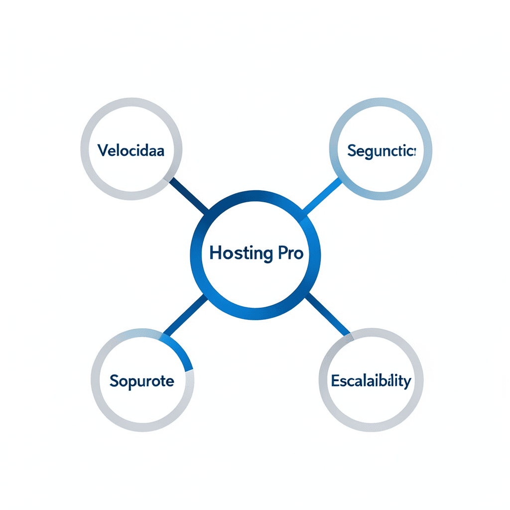 Clean modern diagram showing a central hub labeled ‘Hosting Pro’ connected to 4 nodes labeled ‘Velocidad’, ‘Seguridad’, ‘Soporte’ and ‘Escalabilidad’, minimal flat design, white background, professional corporate blue and grey color scheme Diagrama sobre cómo elegir un hosting profesional para tu empresa resaltando velocidad y seguridad