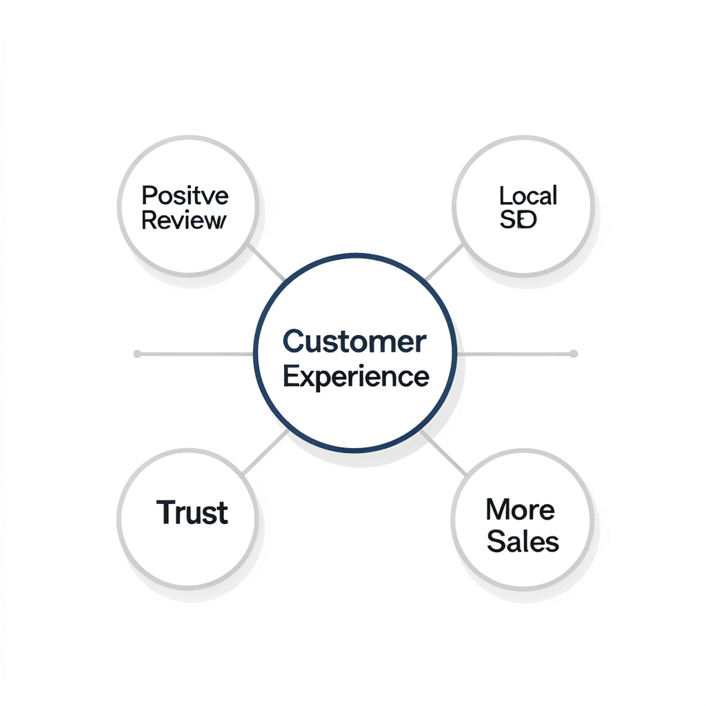 Clean modern diagram showing a central hub labeled ‘Customer Experience’ connected to 4 nodes labeled ‘Positive Review’, ‘Local SEO’, ‘Trust’, and ‘More Sales’, minimal flat design, white background, professional corporate style Diagrama conceptual sobre cómo conseguir más reseñas en Google de forma natural para mejorar el SEO local