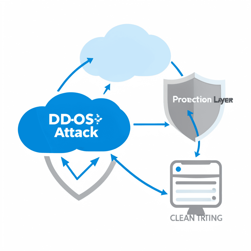 Clean modern diagram showing a network traffic flow where a ‘DDoS Attack’ cloud is intercepted by a ‘Protection Layer’ shield, filtering malicious traffic and allowing only ‘Clean Traffic’ to reach a server icon, flat design, blue and grey professional color palette, white background. Diagrama técnico sobre cómo proteger tu servidor contra ataques DDoS mediante filtrado de tráfico