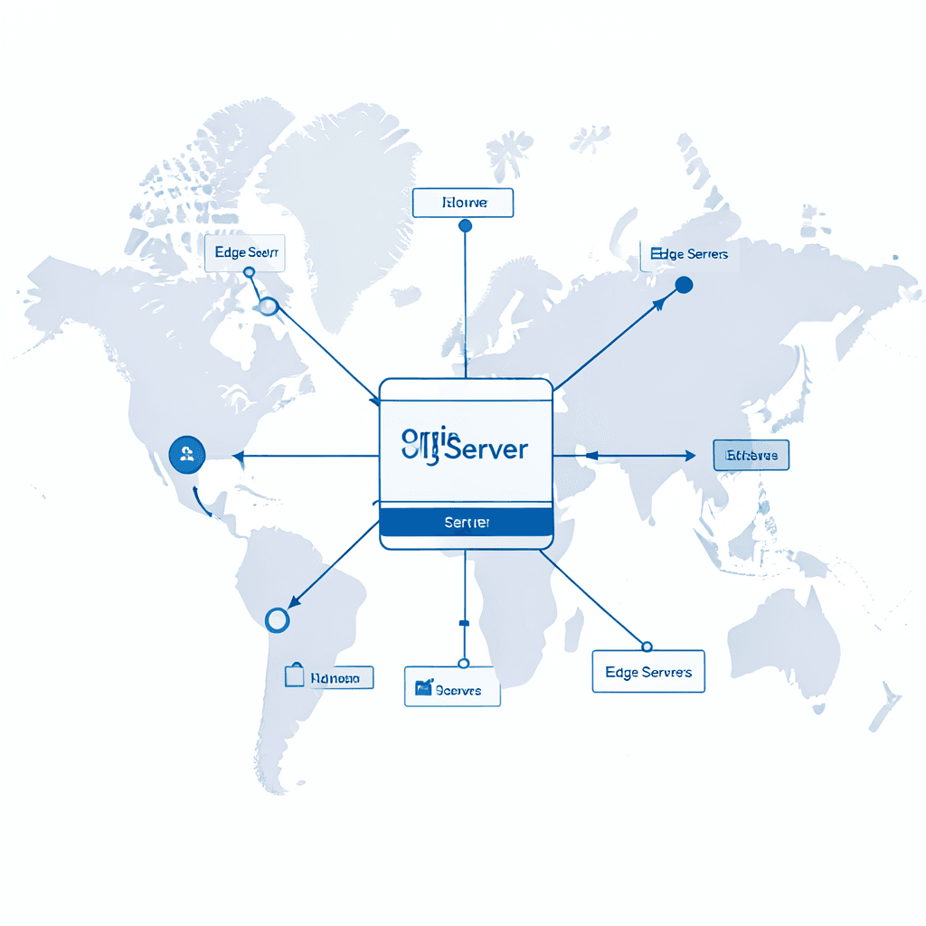 Clean modern diagram showing a central server labeled ‘Origin Server’ connected to multiple smaller nodes labeled ‘Edge Servers’ distributed across a world map, with arrows indicating data flow, minimal flat design, blue and white corporate color scheme, white background Diagrama técnico que explica cómo configurar correctamente un CDN para tu web y distribuir contenido globalmente