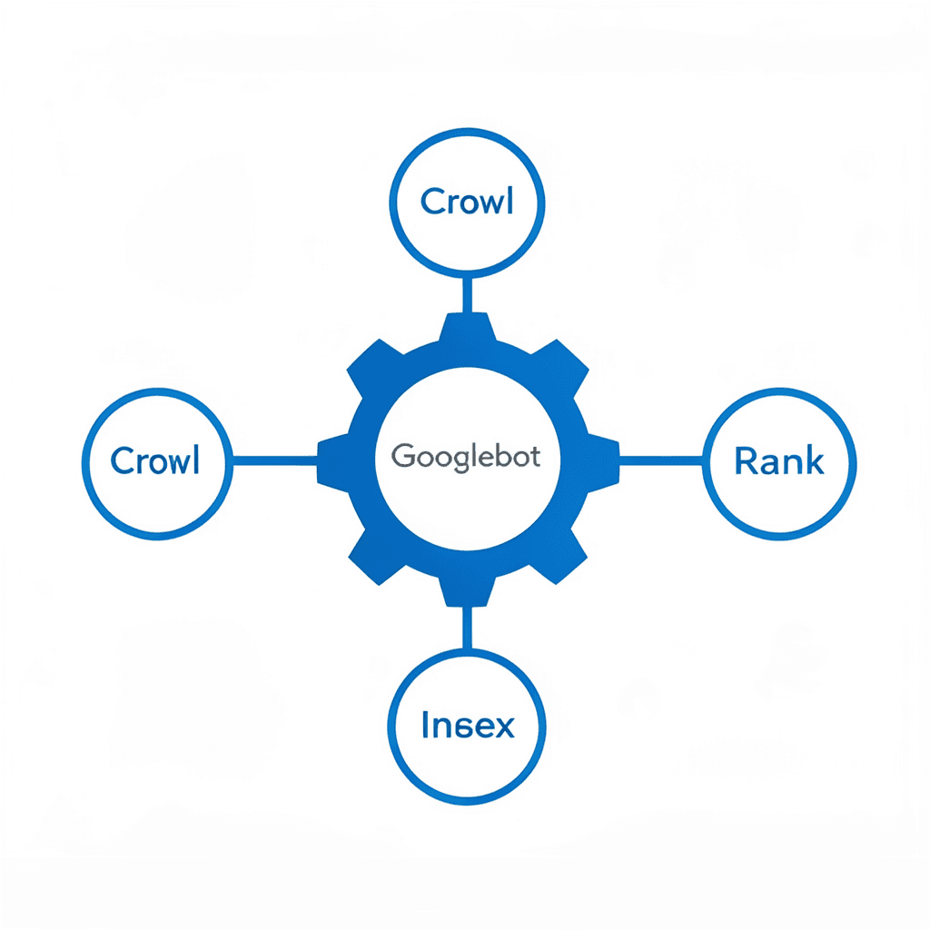 Clean modern diagram showing a central gear labeled ‘Googlebot’ connected to three nodes labeled ‘Crawl’, ‘Index’, and ‘Rank’, minimal flat design, professional blue and white color scheme, white background. Diagrama de flujo sobre cómo mejorar la indexación de tu web y el proceso de Googlebot