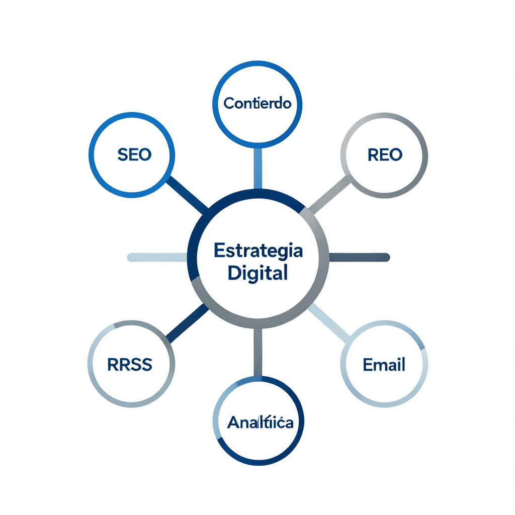 Clean modern diagram showing a central hub labeled ‘Estrategia Digital’ connected to 5 nodes labeled ‘SEO’, ‘Contenido’, ‘RRSS’, ‘Email’ and ‘Analítica’, minimal flat design, white background, professional corporate blue and grey color scheme Diagrama conceptual sobre cómo crear una estrategia digital completa para empresas