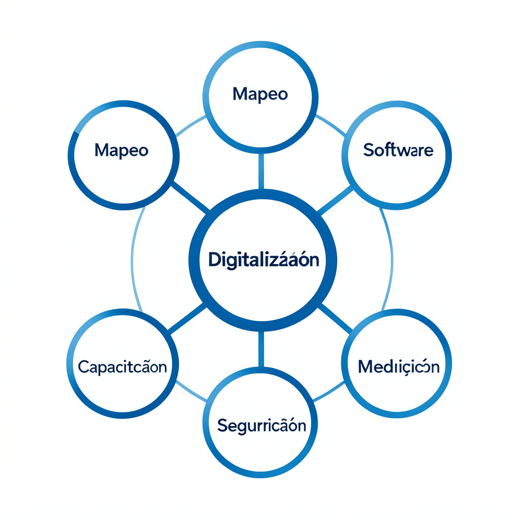 Clean modern diagram showing a central hub labeled ‘Digitalización’ connected to 5 surrounding nodes labeled ‘Mapeo’, ‘Software’, ‘Capacitación’, ‘Seguridad’, and ‘Medición’, minimal flat design, corporate blue and white color scheme, professional white background Diagrama conceptual sobre cómo digitalizar procesos internos de una empresa paso a paso
