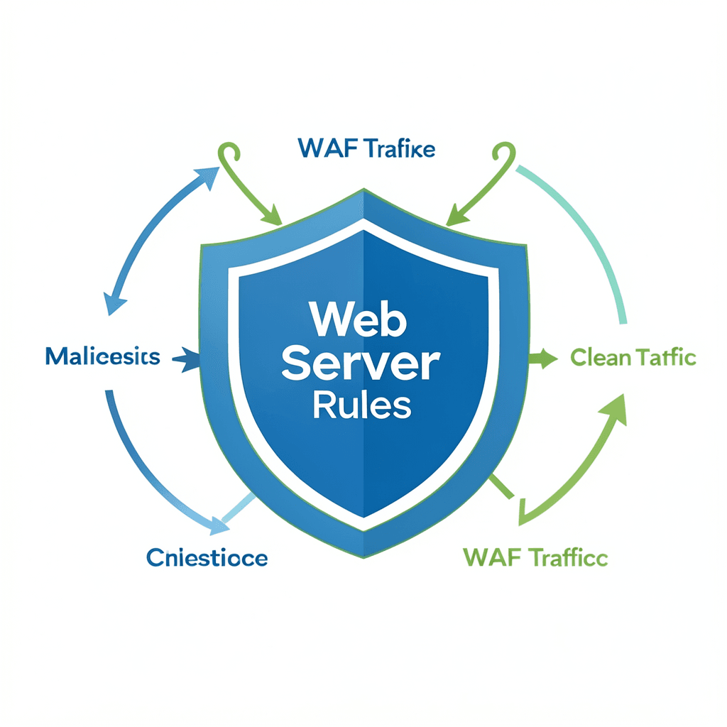 Clean modern diagram showing a central hub labeled ‘Web Server’ protected by a shield labeled ‘WAF Rules’. Arrows showing ‘Malicious Traffic’ being blocked by the shield and ‘Clean Traffic’ passing through to the server, minimal flat design, white background, professional corporate style with blue and green accents. Diagrama técnico sobre cómo proteger tu web con reglas WAF filtrando el tráfico malicioso