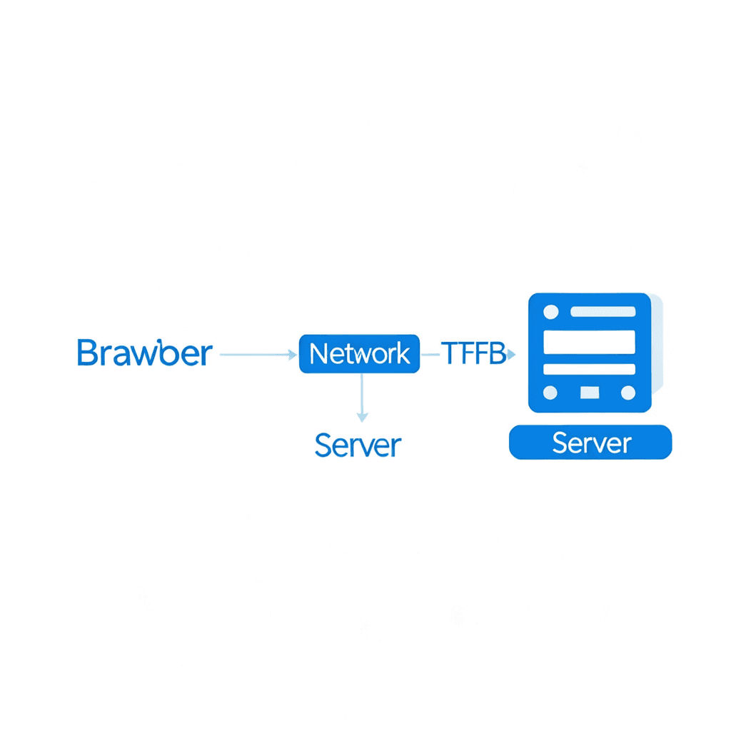 Clean modern diagram showing a request flow from a user browser to a server, with labels ‘Browser’, ‘Network’, and ‘Server’, highlighting the time gap labeled ‘TTFB’, minimal flat design, blue and white corporate color scheme, white background Diagrama técnico sobre cómo optimizar el TTFB desde el servidor