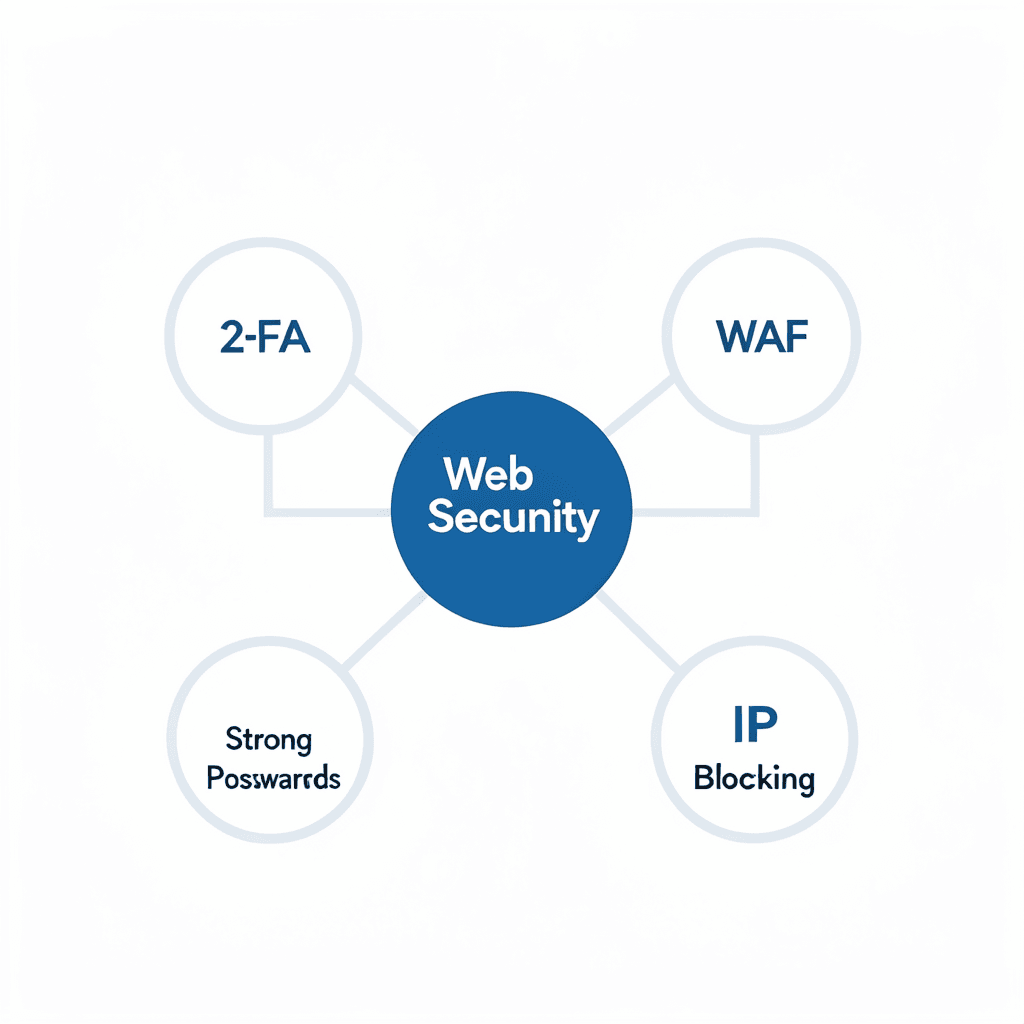 Clean modern diagram showing a central hub labeled ‘Web Security’ connected to 4 nodes labeled ‘2FA’, ‘WAF’, ‘Strong Passwords’, and ‘IP Blocking’, minimal flat design, white background, professional corporate style Diagrama conceptual sobre cómo proteger tu web de ataques de fuerza bruta mediante capas de seguridad