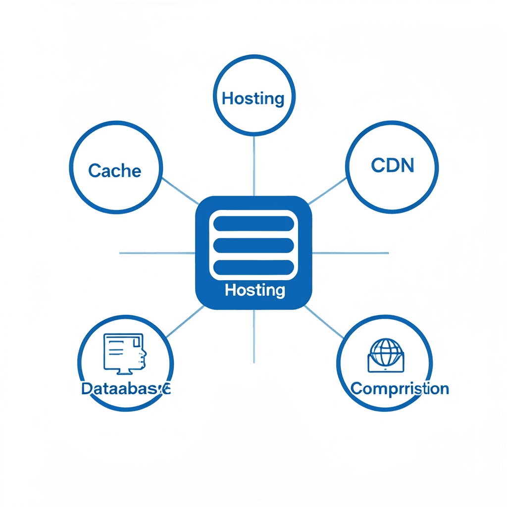 Clean modern diagram showing a central server icon labeled ‘Hosting’ connected to four optimization nodes labeled ‘Cache’, ‘CDN’, ‘Database’, and ‘Compression’, minimal flat design, professional blue and white color scheme, white background Diagrama técnico sobre cómo mejorar el rendimiento de tu hosting mediante optimizaciones