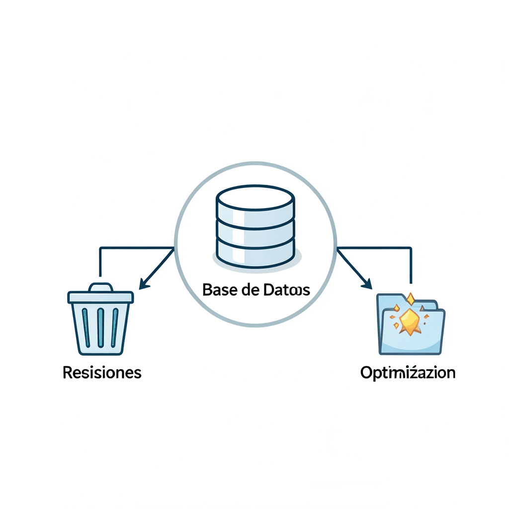 Clean modern diagram showing a database icon in the center labeled ‘Base de Datos’ with two arrows pointing outwards: one to a trash bin labeled ‘Revisiones’ and another to a sparkled folder labeled ‘Optimización’, minimal flat design, white background, professional corporate style Diagrama profesional sobre cómo limpiar revisiones y tablas innecesarias en una base de datos