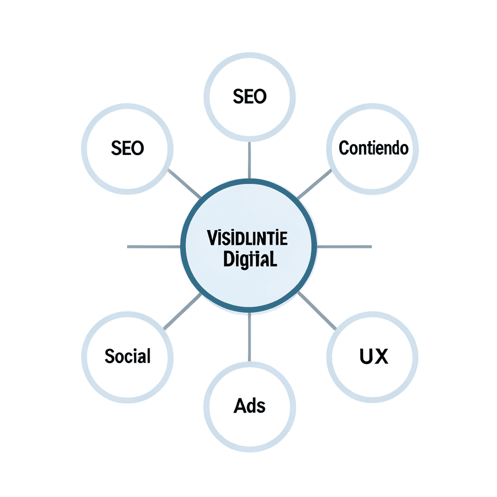 Clean modern diagram showing a central hub labeled ‘Visibilidad Digital’ connected to 5 nodes labeled ‘SEO’, ‘Contenido’, ‘Social’, ‘Ads’, and ‘UX’, minimal flat design, white background, professional corporate style Diagrama estratégico sobre cómo mejorar la visibilidad digital de tu empresa