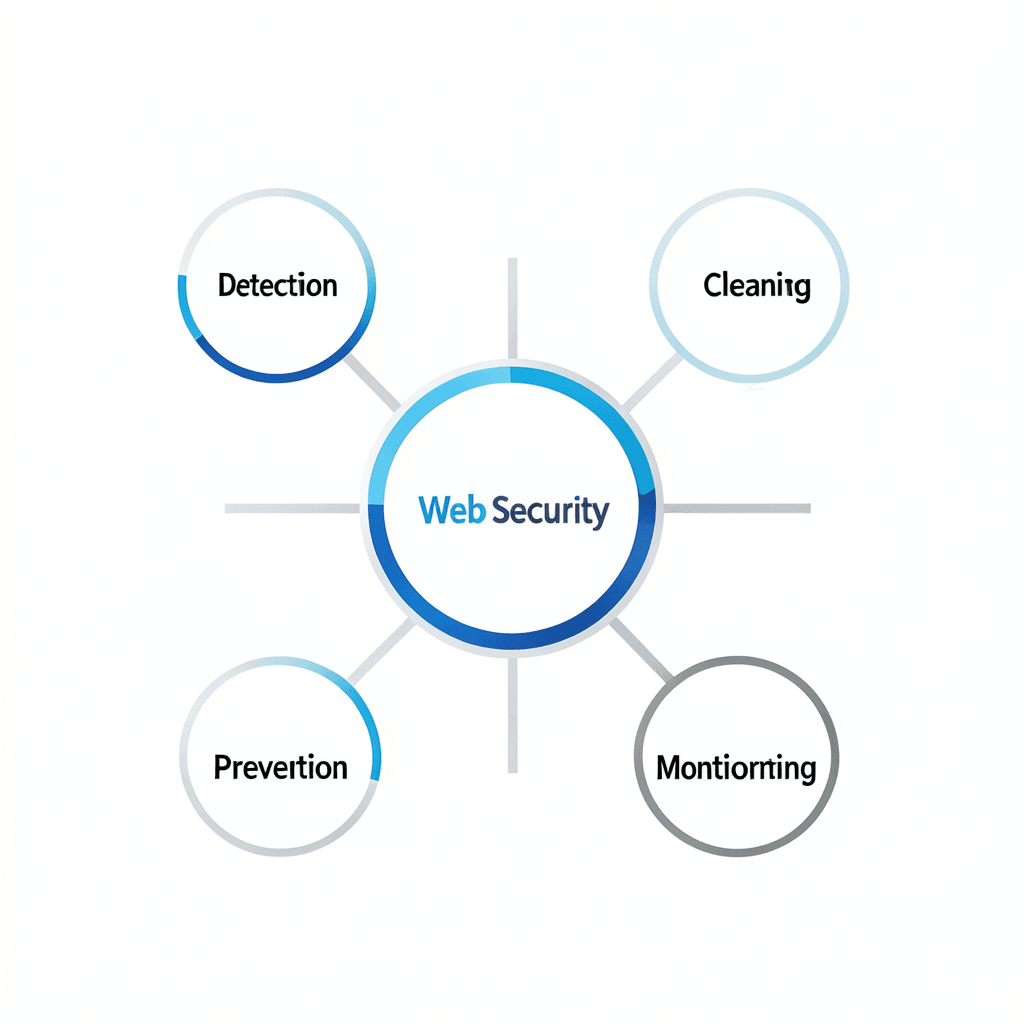 Clean modern diagram showing a central hub labeled ‘Web Security’ connected to 4 nodes labeled ‘Detection’, ‘Cleaning’, ‘Prevention’, and ‘Monitoring’, minimal flat design, white background, professional corporate style with blue and grey accents Diagrama profesional sobre cómo detectar malware en tu web y el proceso de seguridad