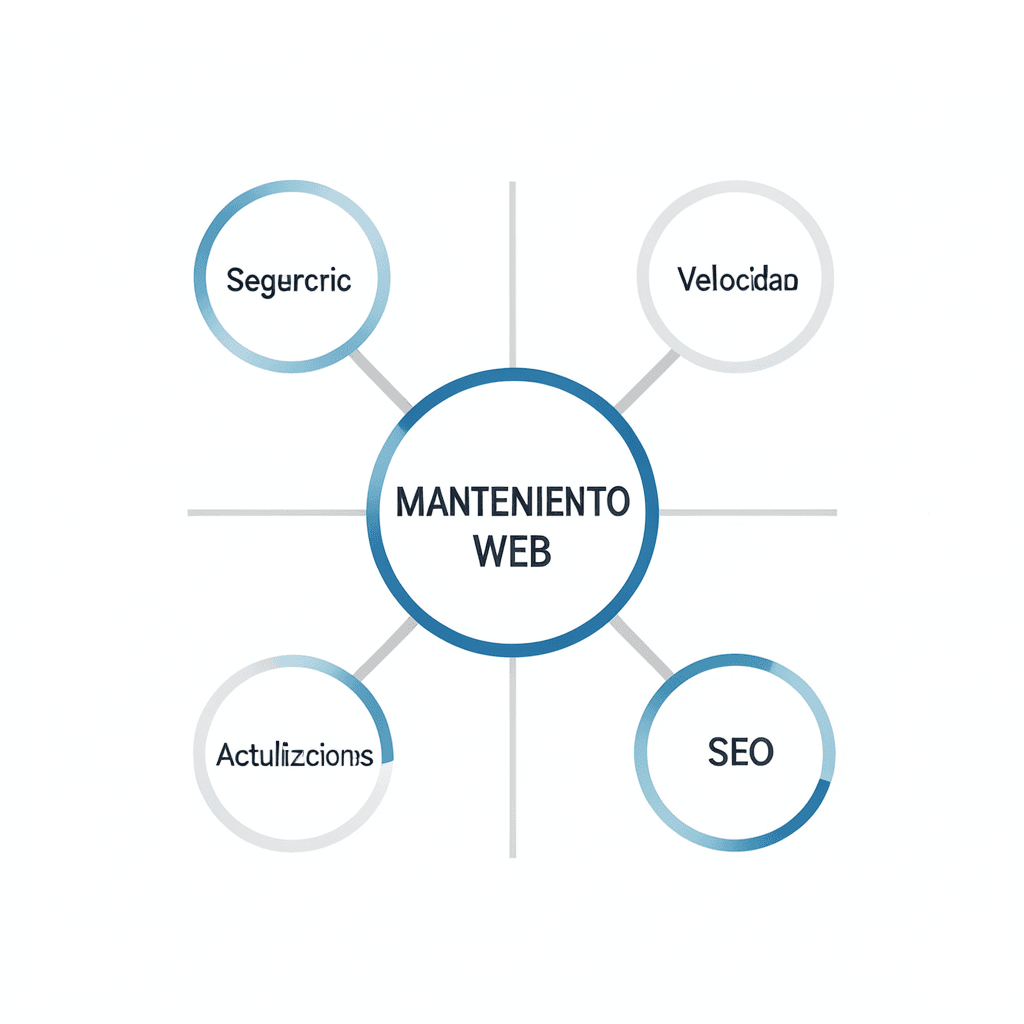 Clean modern diagram showing a central hub labeled ‘Mantenimiento Web’ connected to 4 nodes labeled ‘Seguridad’, ‘Velocidad’, ‘Actualizaciones’, and ‘SEO’, minimal flat design, white background, professional corporate style Diagrama profesional sobre qué es el mantenimiento web y por qué es imprescindible para el éxito digital