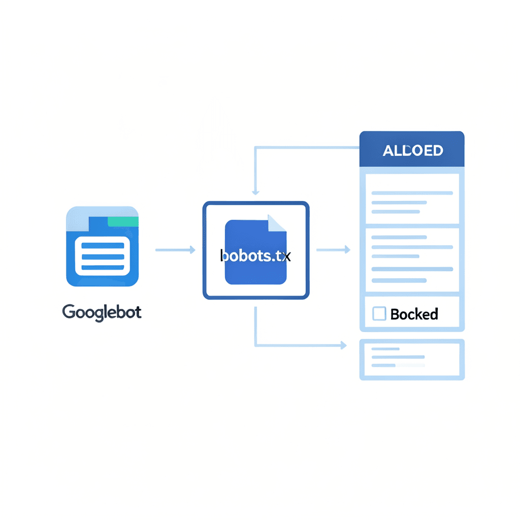Clean modern diagram showing a central file icon labeled ‘robots.txt’ acting as a filter between a ‘Googlebot’ icon and a website structure with sections labeled ‘Allowed’ and ‘Blocked’, minimal flat design, white background, professional corporate style Diagrama profesional sobre cómo configurar robots.txt para SEO técnico