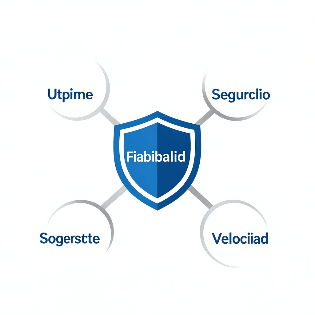 Clean modern diagram showing a central shield icon labeled ‘Fiabilidad’ connected to four nodes labeled ‘Uptime’, ‘Seguridad’, ‘Soporte’ and ‘Velocidad’, minimal flat design, white background, professional corporate blue and grey color scheme Infografía sobre cómo elegir un proveedor de hosting fiable analizando claves técnicas