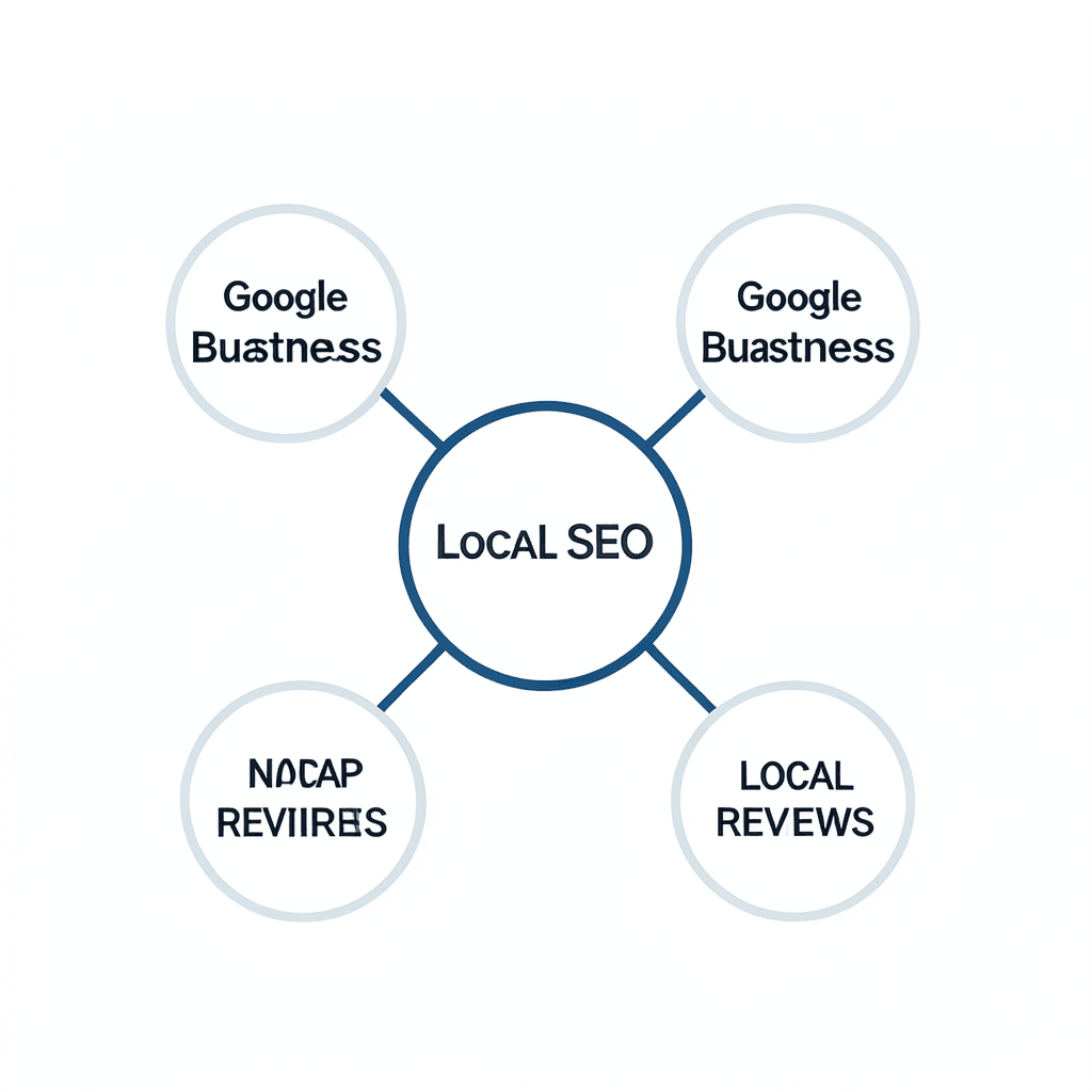 Clean modern diagram showing a central hub labeled ‘Local SEO’ connected to 4 nodes labeled ‘Keywords’, ‘Google Business’, ‘NAP Data’, and ‘Local Reviews’, minimal flat design, white background, professional corporate style Diagrama profesional sobre cómo elegir palabras clave locales para tu negocio y el SEO local