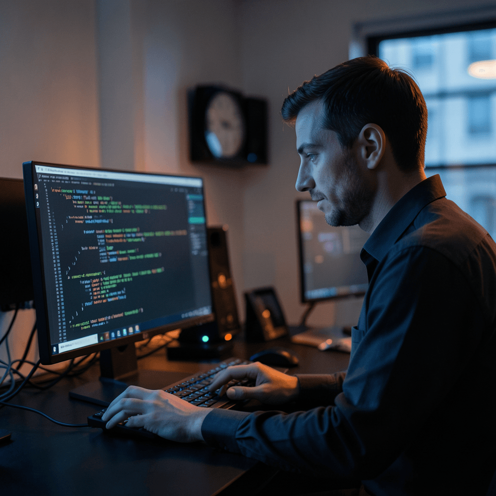 Realistic photograph of a professional cybersecurity expert working in a dimly lit office, focusing on a computer screen showing lines of code and security alerts, shallow depth of field, cinematic blue and orange lighting, high resolution stock photo Experto en ciberseguridad analizando código para saber cómo limpiar una web infectada