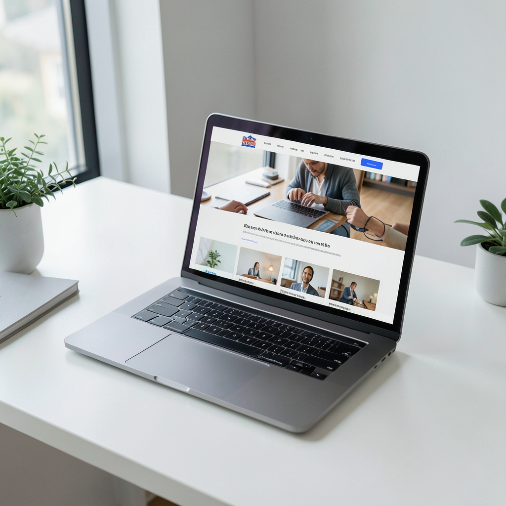 A professional high-angle shot of a modern workspace with a sleek laptop on a white desk, showing a vibrant website with high-quality photography, soft natural light coming from a side window, minimalist office decor, professional atmosphere. Laptop mostrando una web rápida aplicando cómo optimizar imágenes para máxima velocidad