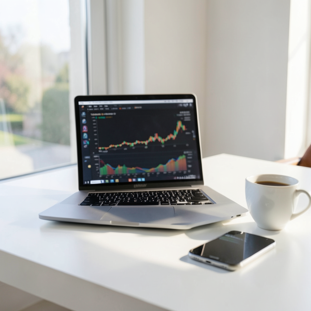 A professional workspace with a modern laptop showing a blurred data analytics screen, a smartphone, and a cup of coffee on a white minimalist desk, soft natural sunlight coming from a window, high resolution, clean composition. Espacio de trabajo moderno analizando cómo usar IA para mejorar el SEO de tu web