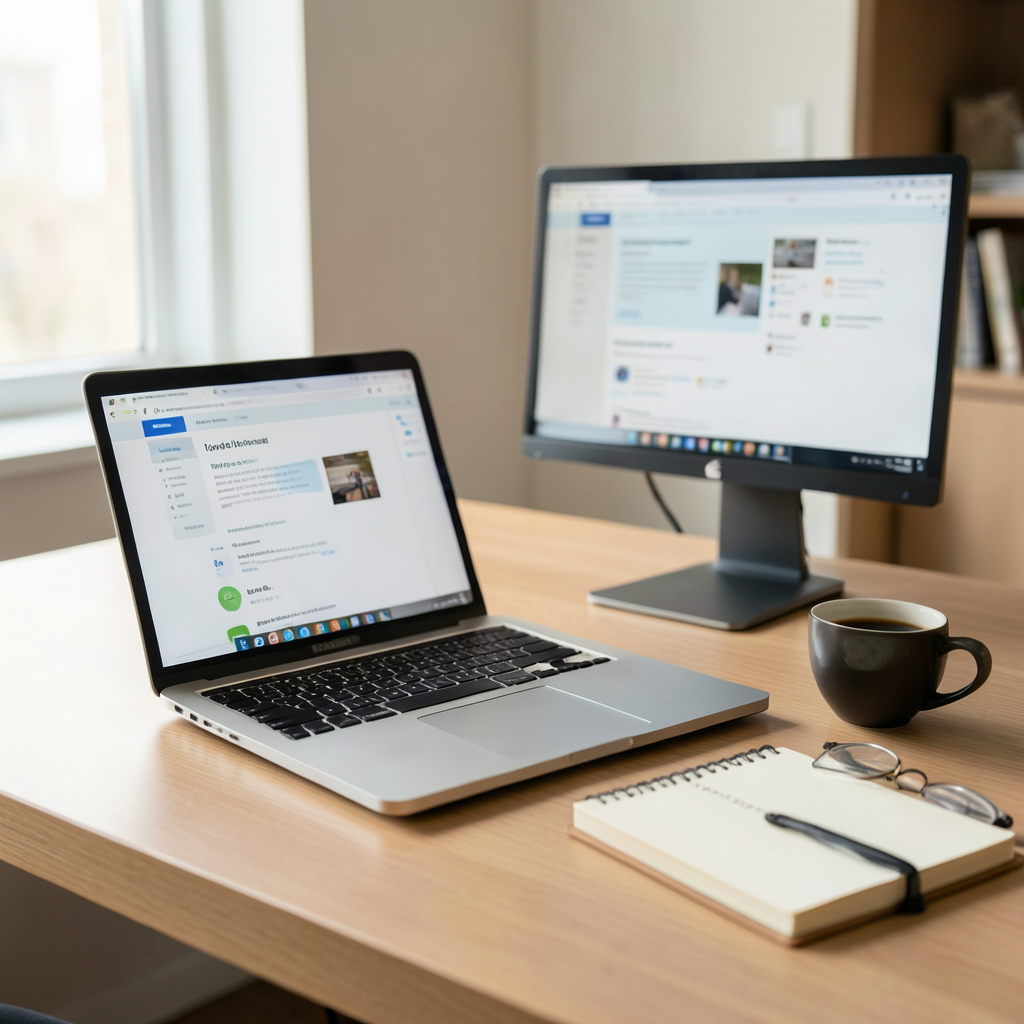 A modern office desk with a silver laptop open showing a fast-loading website, a secondary monitor, a cup of coffee, a notebook and glasses arranged nearby, soft natural window light coming from the left, shallow depth of field, warm neutral tones, professional corporate atmosphere, three-quarter angle photograph taken with a full-frame camera. Cómo elegir un hosting profesional para tu empresa: portátil en una oficina moderna