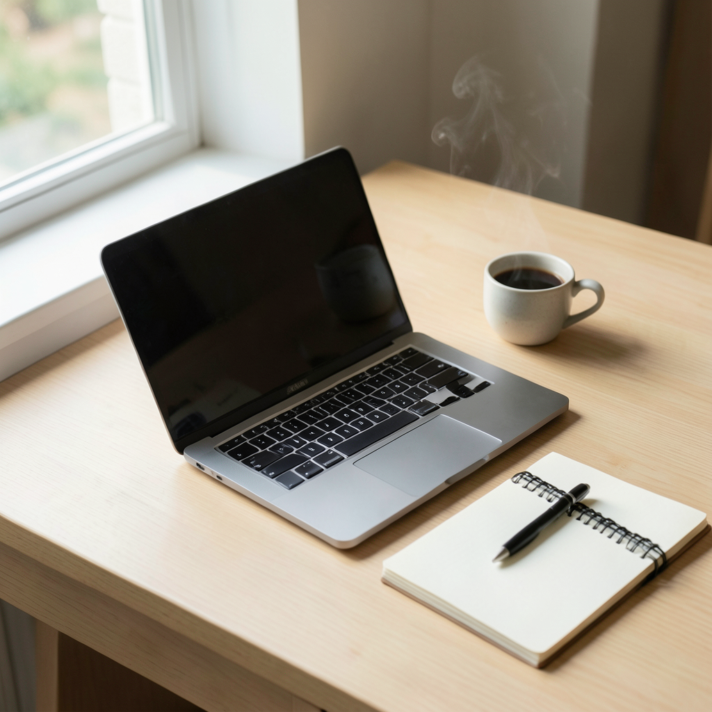 Fotografía profesional de un escritorio minimalista de madera clara con un portátil abierto, una taza de café humeante y una libreta con un bolígrafo, luz natural suave entrando por una ventana lateral, tonos cálidos y neutros, plano ligeramente cenital, ambiente de trabajo tranquilo y productivo. Cómo optimizar WordPress para máxima velocidad: escritorio de trabajo con portátil abierto