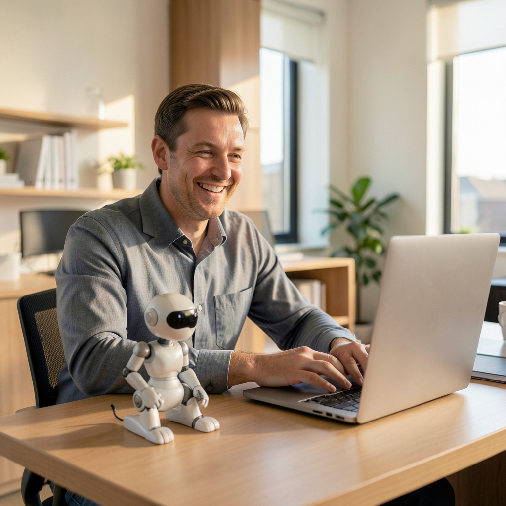 Un profesional sonriente trabaja en una oficina moderna junto a un pequeño robot de sobremesa y un portátil, luz natural cálida, composición en plano medio, tonos neutros y madera, profundidad de campo suave, ambiente de innovación y eficiencia. Profesional usando IA para automatizar tareas repetitivas en una oficina moderna