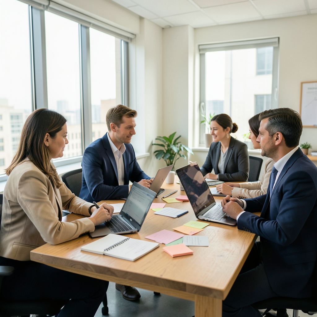 Una oficina moderna y luminosa con un equipo de profesionales trabajando alrededor de una mesa de madera, portátiles abiertos, cuadernos y notas adhesivas, ventanales amplios con luz natural suave, plano medio, colores neutros y cálidos, ambiente colaborativo y estratégico, fotografía realista de alta calidad. Equipo trabajando en cómo crear una estrategia de marketing digital para empresas